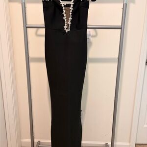 Elegant Black Off-Shoulder Dress with Pearl Detailing